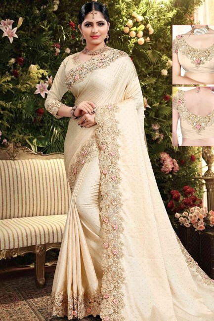 Cream Georgette & Satin Saree with Embroidered
