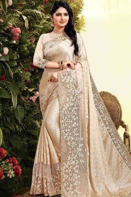 Saree in Cream Georgette & Silk with Embroidered
