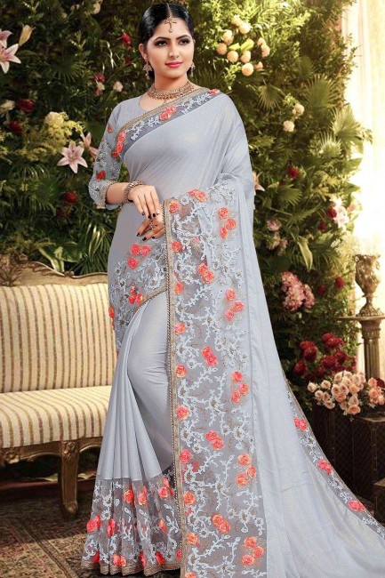 Steel Blue Silk Saree with Embroidered