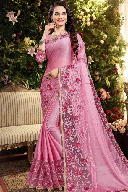 Traditional Pink Saree with Embroidered Georgette & Silk