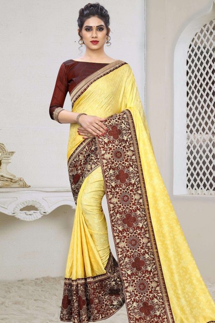 Jacquard & Silk Saree in Yellow with Embroidered