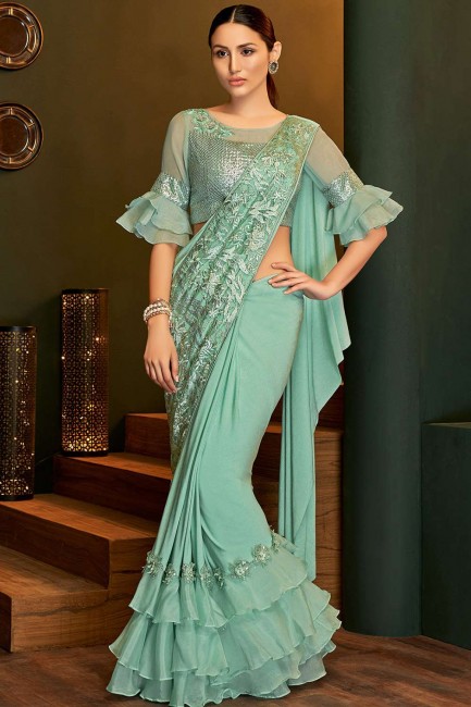 Embroidered Saree in Sea Green Lycra