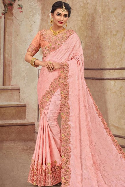 Georgette & Satin Saree in Light Peach with Embroidered