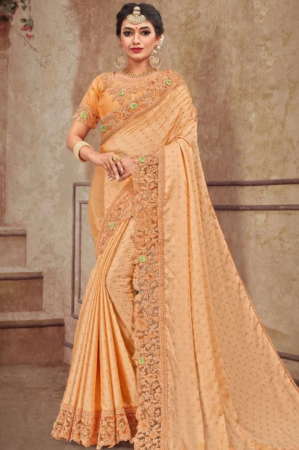 Georgette & Satin Embroidered Light Orange Saree with Blouse