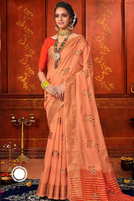 Peach Weaving Saree in Art Silk