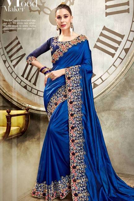 Dazzling Silk Saree in Royal Blue with Embroidered