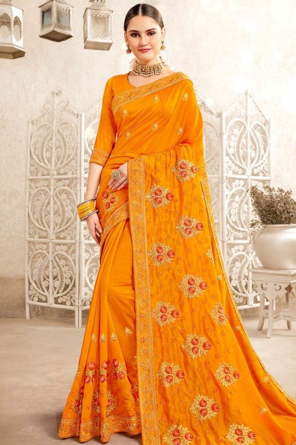 Orange Saree in Art Silk with Embroidered