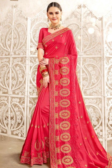 Ethinc Embroidered Silk Saree in Pink with Blouse