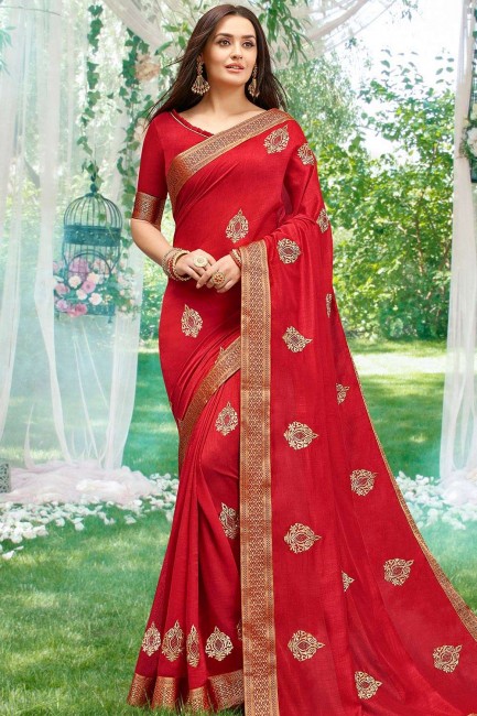 Traditional Embroidered Art Silk Red Saree Blouse