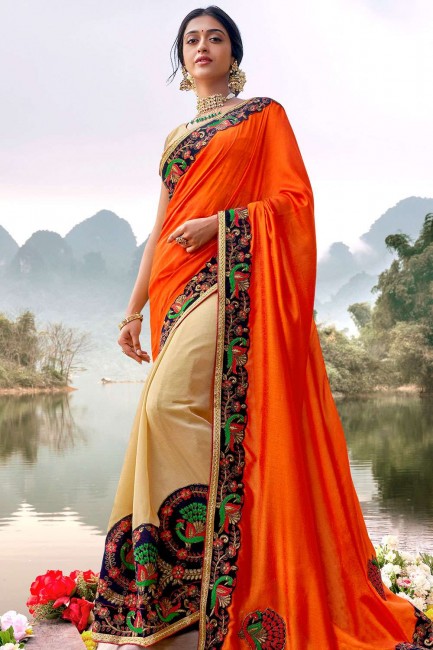 Alluring Orange Saree in Embroidered Silk
