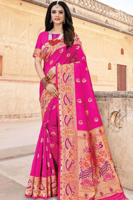 Stunning Rani Pink Saree in Art Silk with Weaving
