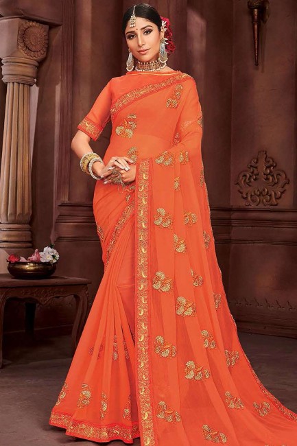 Saree in Orange Chiffon with Embroidered