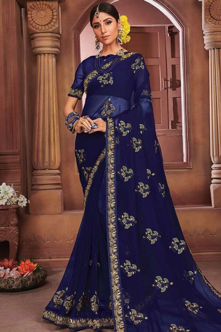 Ethinc Saree in Navy Blue Chiffon with Embroidered