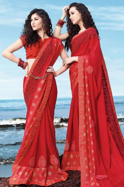 Red Satin Georgette Embroidered Saree with Blouse