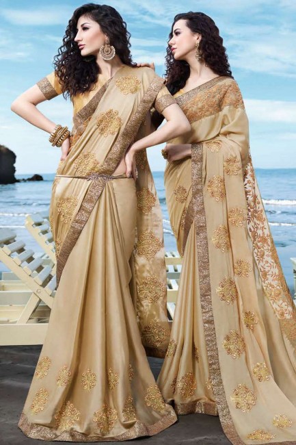 Embroidered Satin Georgette Saree in Beige with Blouse