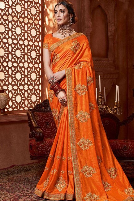 Gorgeous Embroidered Silk Saree in Orange with Blouse