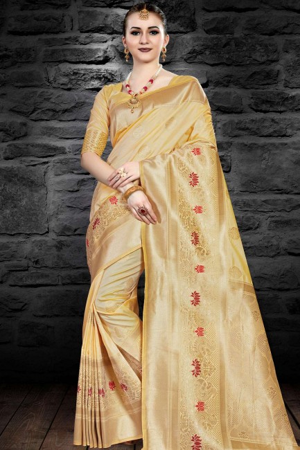Weaving Saree in Light Yellow Art Silk