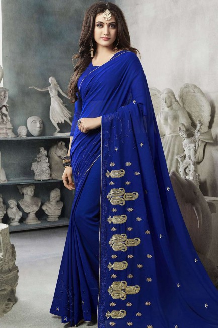 Georgette Saree with Embroidered in Royal Blue