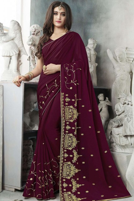 Delicate Georgette Saree in Wine with Embroidered