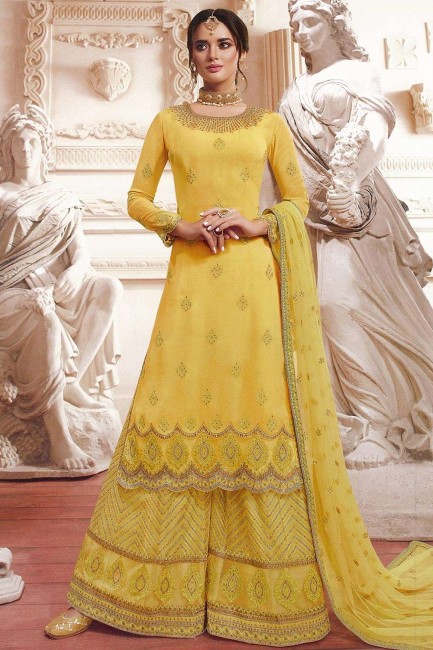 Georgette Sharara Suit in Yellow with dupatta