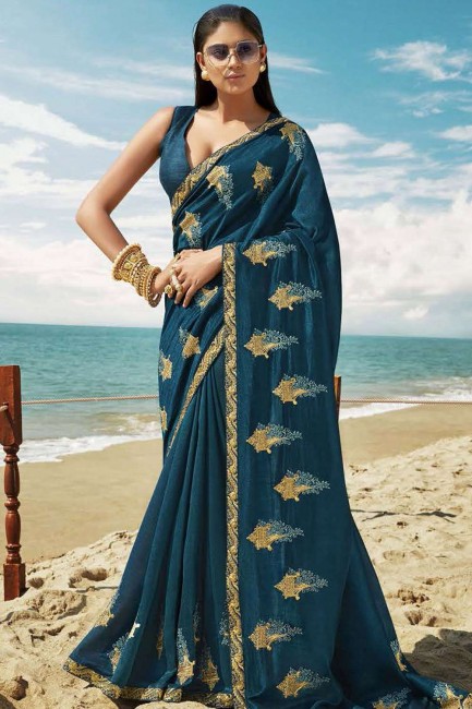 Opulent Blue Art Silk Embroidered Saree with Blouse
