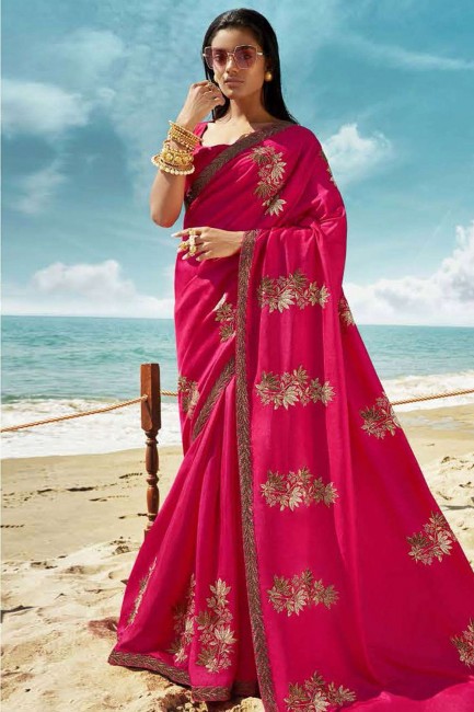 New Embroidered Art Silk Saree in Rani Pink with Blouse