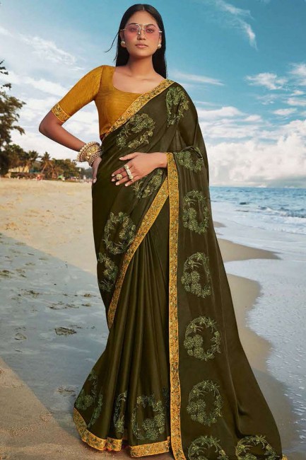 Saree in Dark Olive Green Art Silk with Embroidered