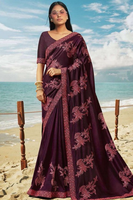 Dark Purple Saree in Embroidered Art Silk