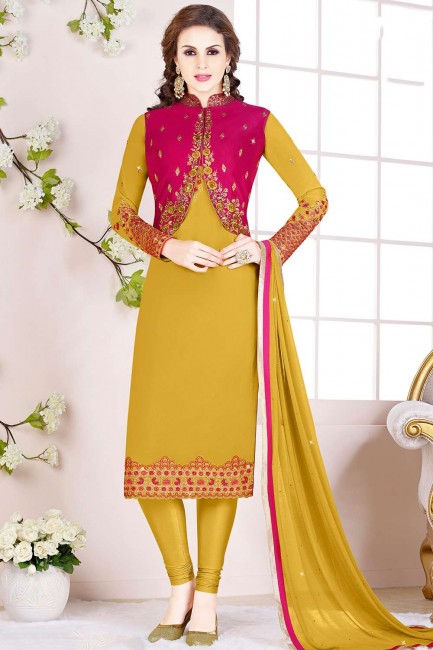 Mustard Yellow & Rani Pink  Georgette Churidar Suit