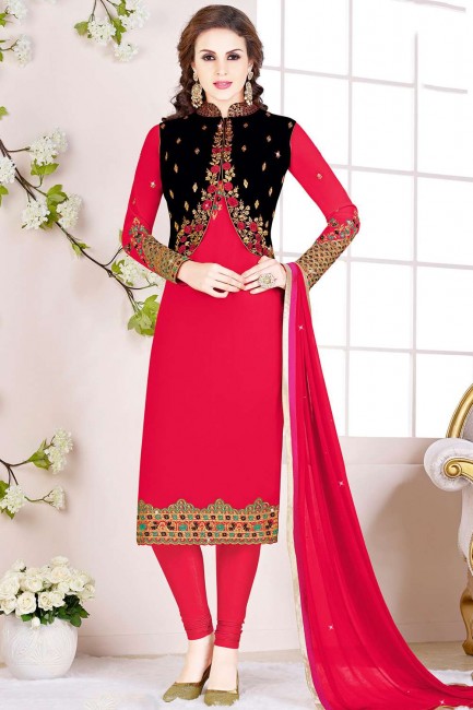Georgette Churidar Suit in Rani Pink & Black  with dupatta