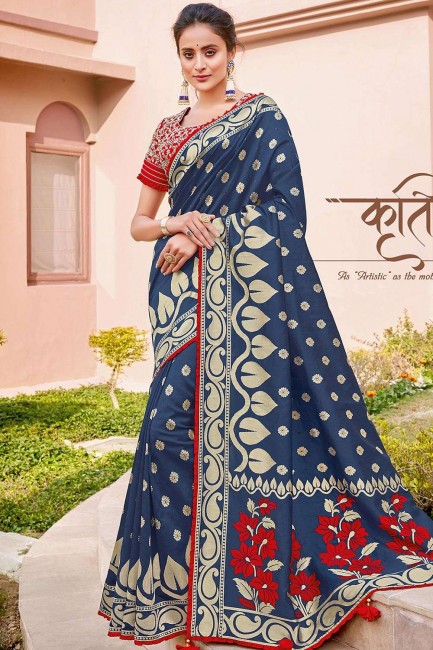 Latest Ethnic Navy Blue Silk Embroidered Saree with Blouse