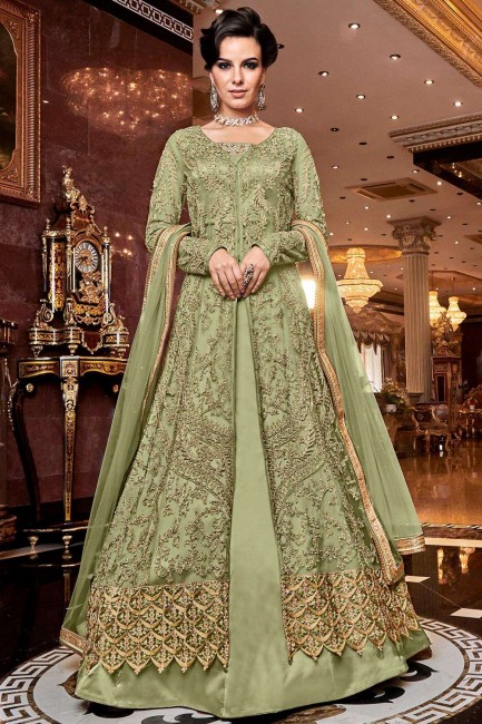 Light Green Churidar Anarkali Suit in Net with Net