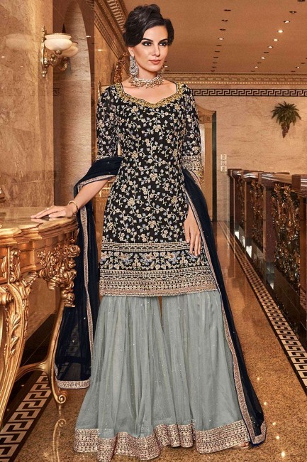 Black Sharara Suit in Net with Net