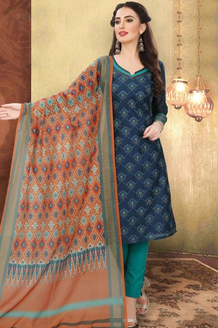 Impressive Straight Pant Suit in Blue Silk with Chanderi