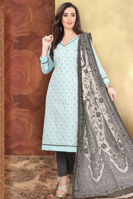 Silk Chanderi Baby Blue Straight Pant Suit with dupatta