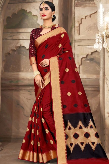 Cotton Weaving Red Saree with Blouse