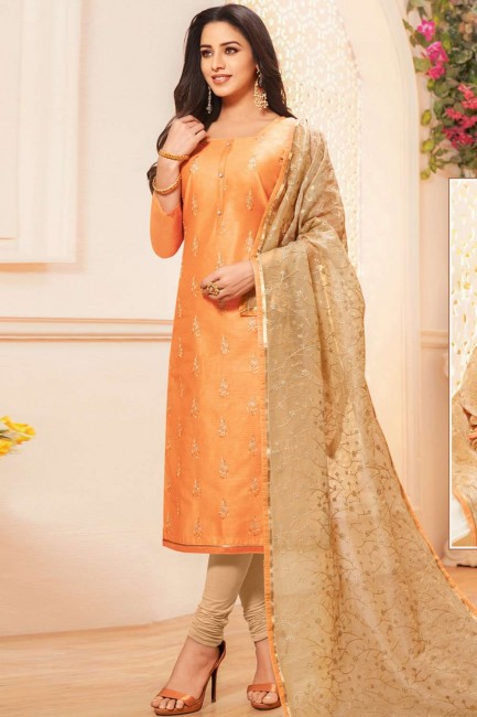 Orange Silk Churidar Suit in Silk