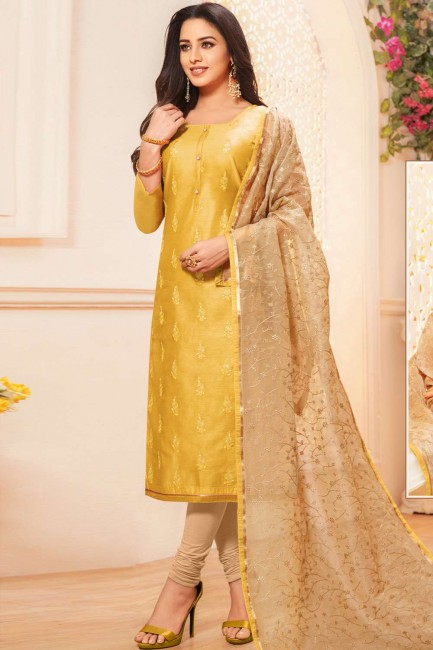 Latest Ethnic Yellow Churidar Suit in Silk with Silk