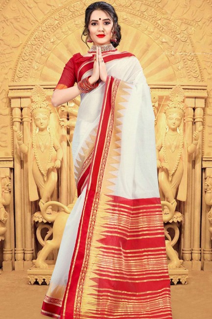 Weaving Saree in White Khadi & Silk