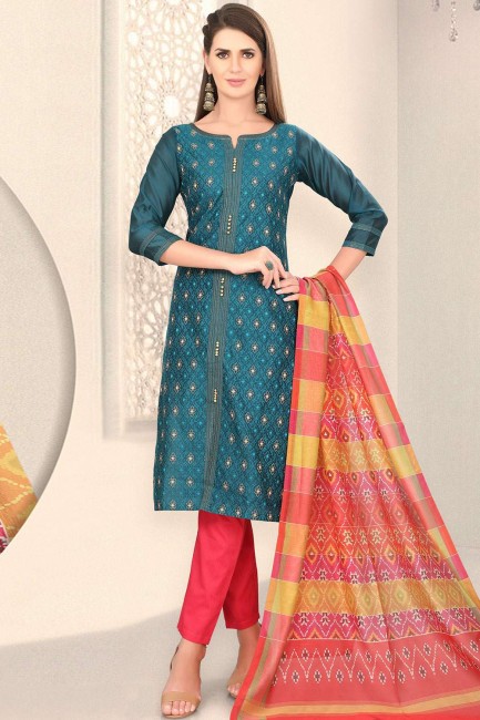 Straight Pant Suit in Teal Blue Silk with Chanderi