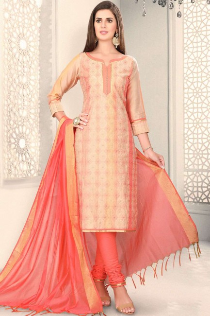 Peach Silk Churidar Suit with Chanderi