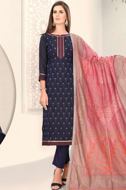 Silk Straight Pant Suit with Chanderi in Navy Blue