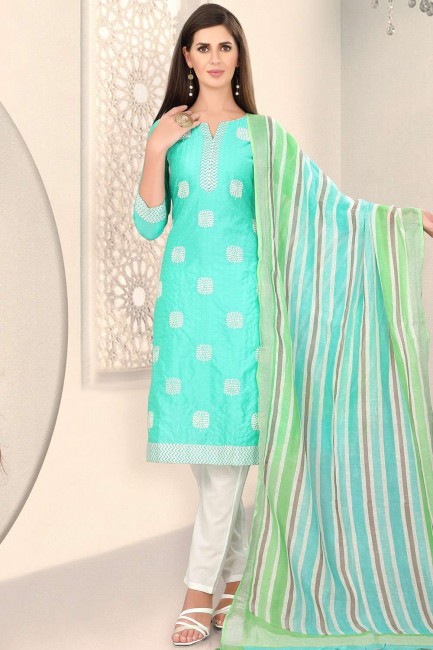 Silk Straight Pant Suit in Sea Green with Chanderi
