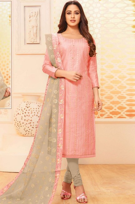 Silk Churidar Suit with Silk in Light Pink