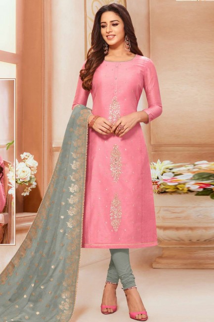 Silk Churidar Suit in Pink