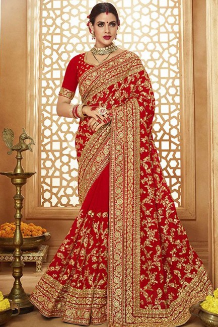 Alluring Georgette Red Saree in Embroidered