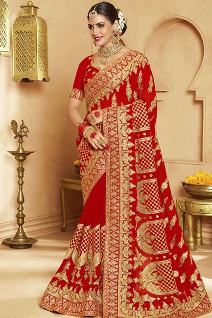 Beautiful Embroidered Georgette Red Saree Blouse