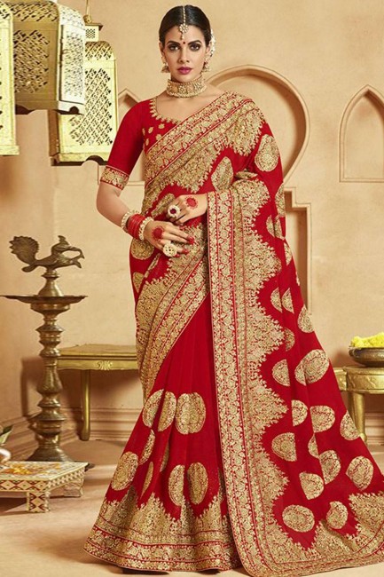 Alluring Red Embroidered Saree in Georgette