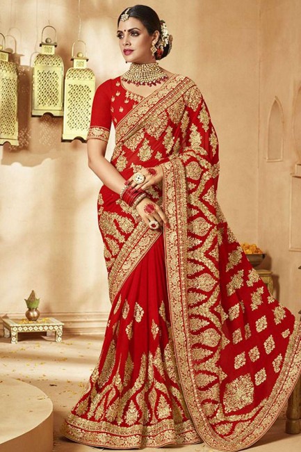 Embroidered Georgette Saree in Red with Blouse