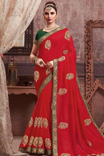 Beautiful Red Art Silk Saree with Embroidered